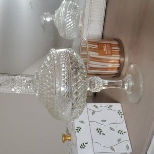 Indiana Glass Lidded Compote / Pedestal Candy Dish Diamond Point Pattern Vintage